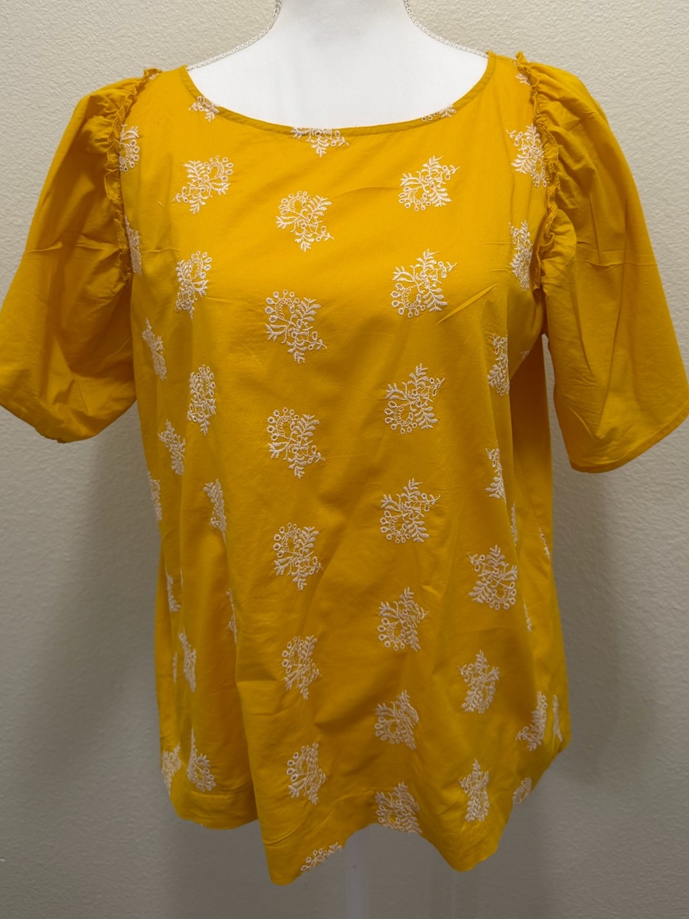 Loft yellow blouse with white embroidered flowers, medium